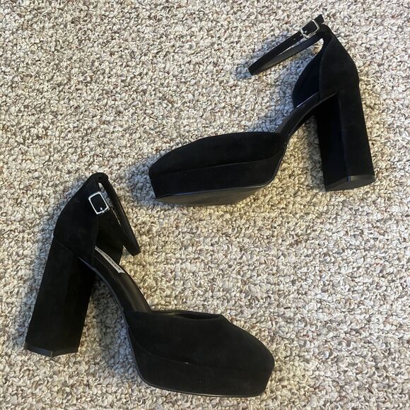 Steve Madden Truth Black Platform High Heel Shoes Size 8 M Ankle Strap Y2K Suede - Picture 4 of 9